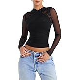 FWSAM Women Sexy Criss Cross Wrap Sheer Mesh Crop Top Long Sleeve Zip Back See Through Slim Fit Tee Shirt Clubwear