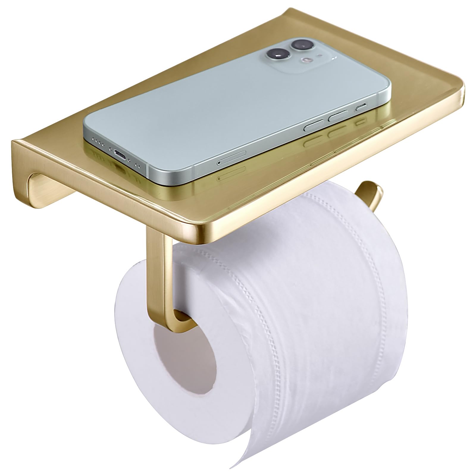Photo 1 of DIKUROOMS Brushed Gold Toilet Paper Holder with Phone Shelf, Wall Mounted Zinc Alloy Bathroom Accessories Rustproof Tissue Roll Holders Dispenser