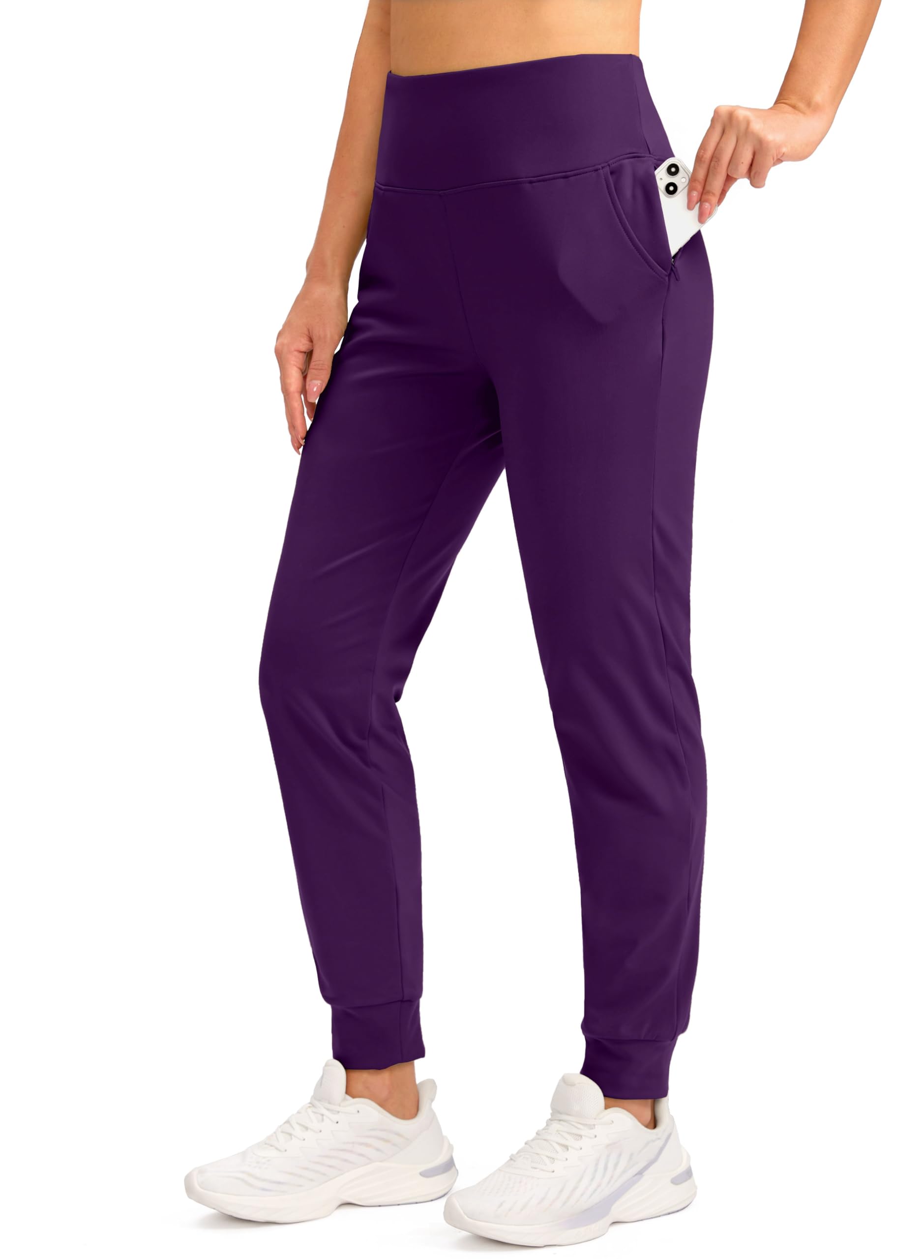 SANTINY Women's Fleece Lined Joggers Water Resistant High Waisted Thermal Sweatpants Winter Pants Hiking Running Pockets(Dark Purple_XL) Image