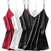 Ekouaer 3 Pack: Womens Silk Satin Tank Top V Neck Camisole Cami Spaghetti Strap Top Loose Sleeveless Blouses Tank Shirt