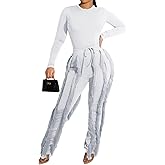 EDITCOZY Women Sexy Two Piece Outfits Fringe Pants Set Long Sleeve Club 2 Piece Going Out Birthday Party Night