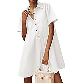 Wenrine Womens Oversized Shirt Button Mini Dress Short Sleeve Casual Collared V Neck Summer Flowy Dresses