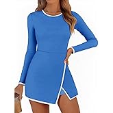 Fisoew Women's Workout Tennis Dress with Built-in Bra & Shorts Pockets Long Sleeve Crewneck Golf Athletic Mini Dresses Blue