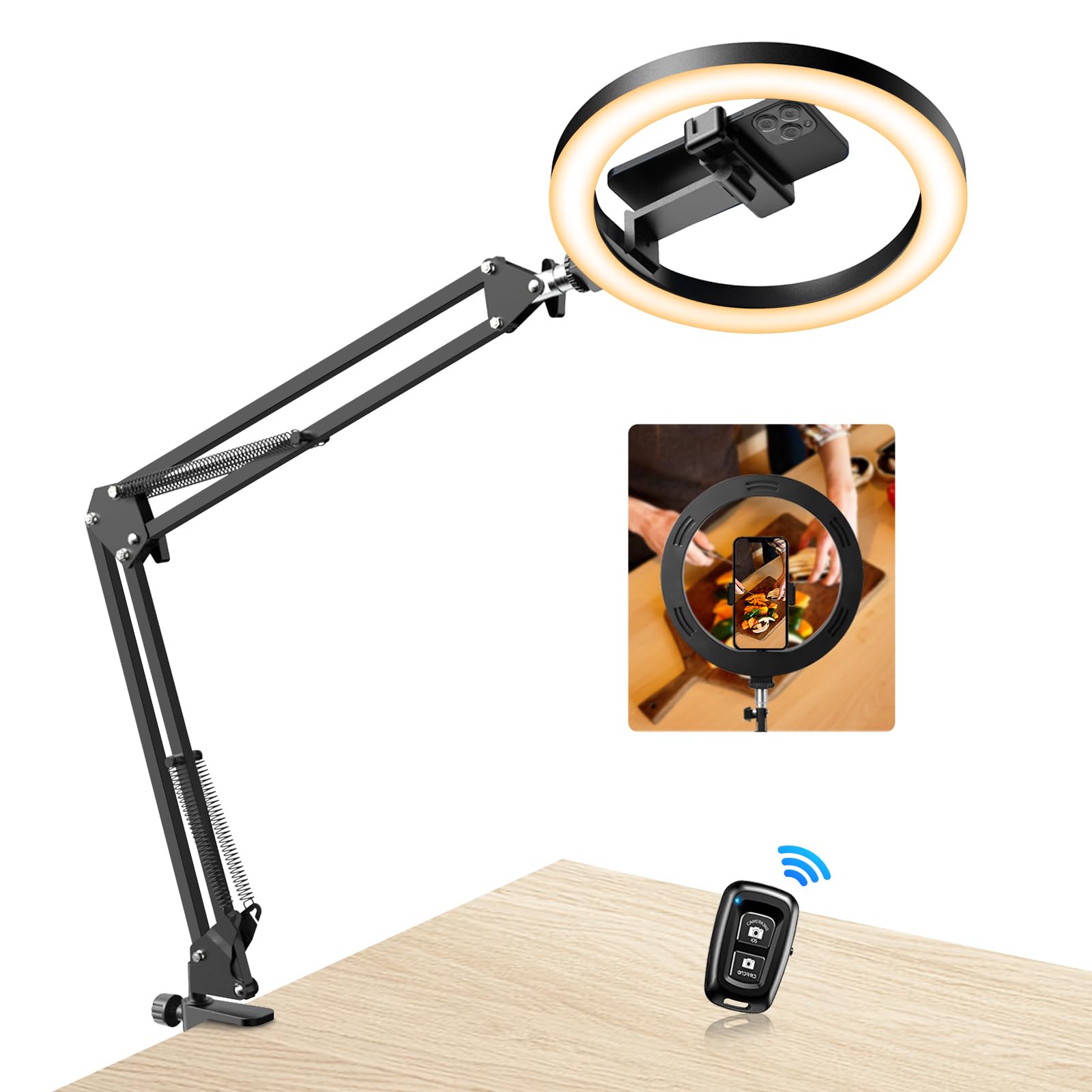 Evershop Ring Light with Tripod Stand & Phone Holder Overhead Mount,10" Ringlight Desk Streaming Phone Halo Light Flexible 3 Light Colors+10 Brightnesses 360°Rotatable Lighting Tiktok YouTube,CRI>95