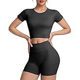OVESPORT 2 Piece Workout Sets for Women Impact Crop Top Shirts and Seamless Gym Shorts Outfits