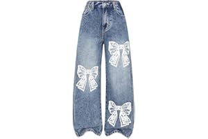 BEAUDRM Girl's Y2k Bow Print Baggy Jeans Wide Leg High Waisted Denim Pants
