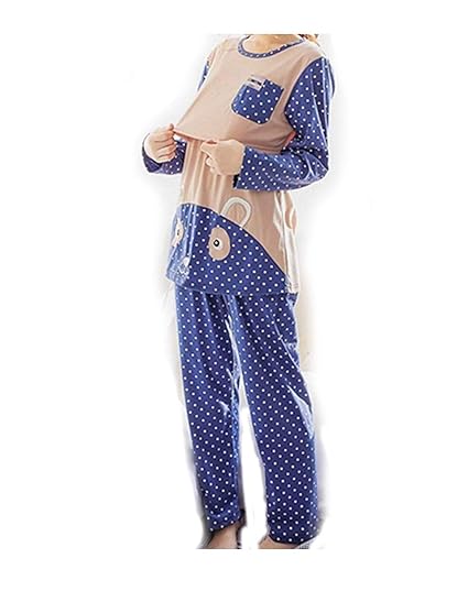 Bold N Elegant Blue Polka Dot Soft Cotton Maternity Sleepwear Sets Pregnancy Night Suit Night Dress Feeding Nursing Pyjama Set