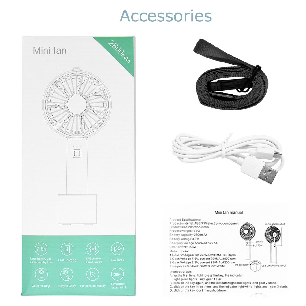 Mini Handheld USB Fan,Lobkin Portable Outdoor Fan with Rechargeable 2600 mAh Battery，Foldable Handle Desktop fan for Home, Picnic and Travel (3 Speed, Black)