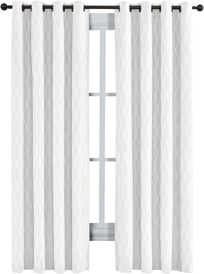 Victoria Thermal Blackout Panels, Top Grommet Jacquard Room Darkening Window Curtains, Pair, Set of 2 Panels, 54 inches Width by 96 inches Long Each Panel, White