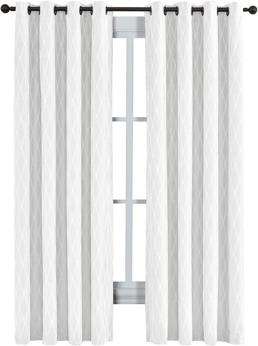 Victoria Thermal Blackout Panels, Top Grommet Jacquard Room Darkening Window Curtains, Pair, Set of 2 Panels, 54 inches Width by 108 inches Long Each Panel, White
