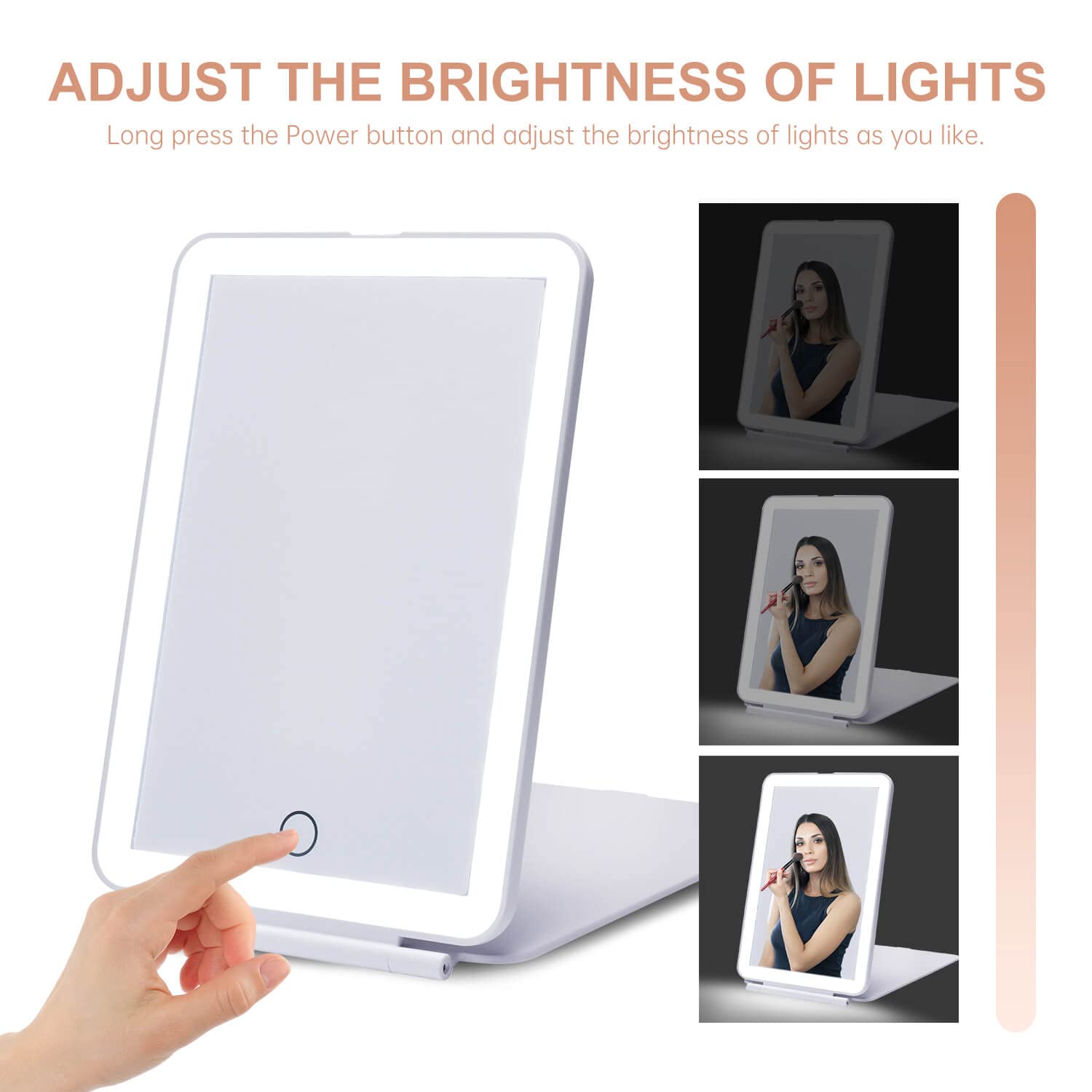 LED Foldable Travel Makeup Mirror - 5x7 inches 3 Colors Light Modes USB Rechargeable Touch Screen, Portable Tabletop Cosmetic Mirror for Travel, Cosmetic, Office (White)