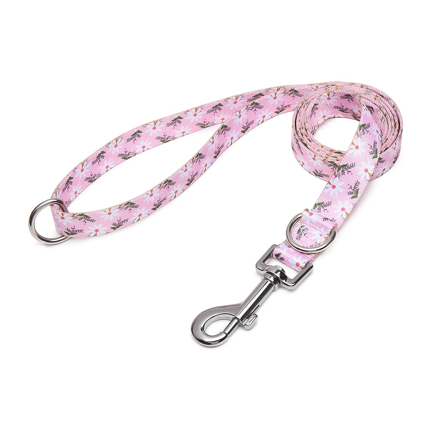 Suredoo Soft Nylon Dog Lead Leash with Colorful Patterns, Comfortable Strong Dog Training Walking Lead Leashes with 2 D-ring for Small Medium Large Dogs, (Pink White Flower)