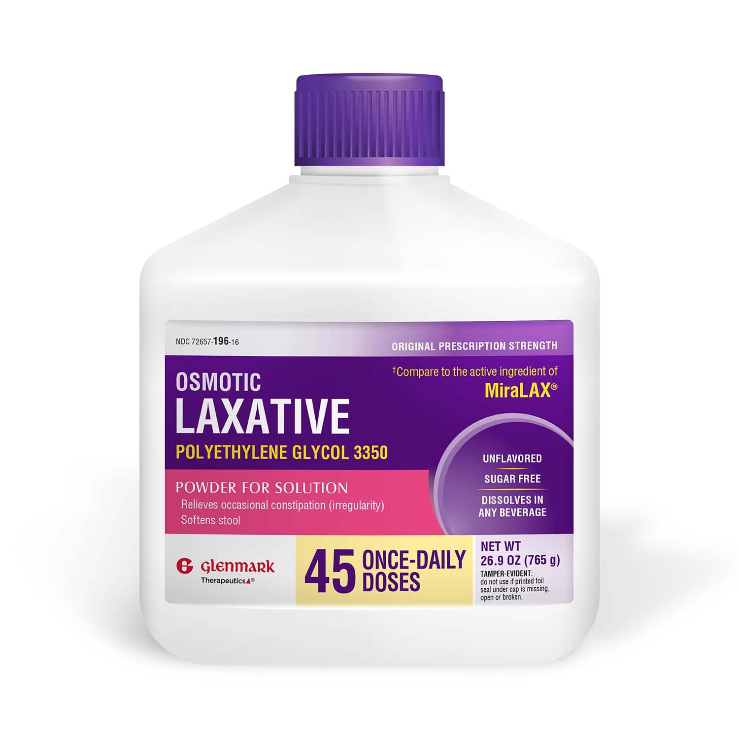 Photo 1 of Glenmark Therapeutics Polyethylene Glycol 3350 Powder, Osmotic Laxative, 45 Daily Doses, Softens Stool, Relieves Occasional Constipation, Powder for Solution, 26.9 Ounce
