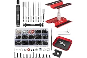 EPINON RC Car Repair Work Stand Repair Tool Set 360 Degree Rotation and 520 Pcs RC Screws Kit and RC Screwdrivers and Screws Pallet for 1/8 1/10 1/12 1/16 1/18 RC Car Crawler Truck Buggy (Red)