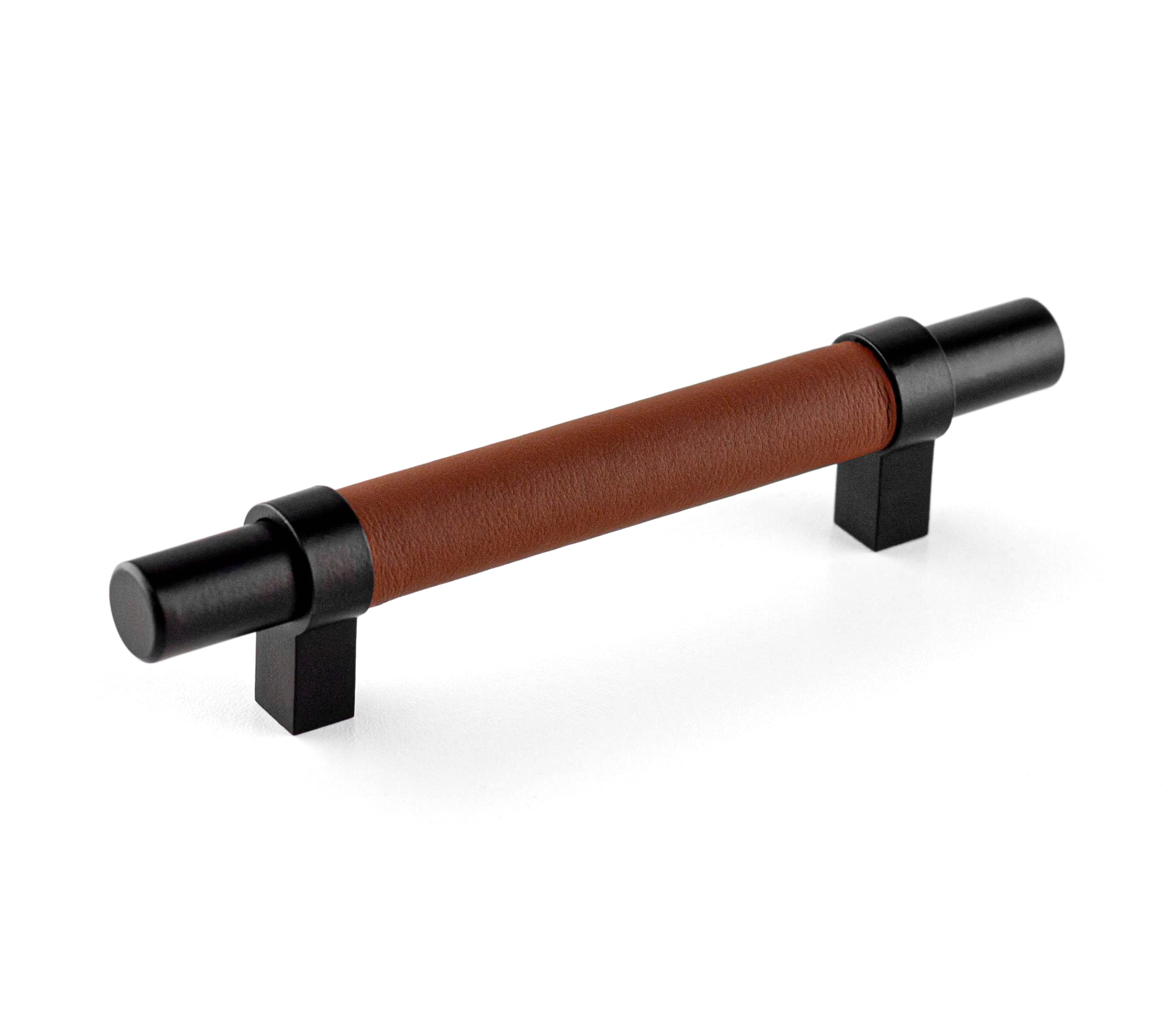 Brute Strength - Furniture Handles - Steel & Full Grain Leather - 96mm Hole Spacing - Black & Brown - Pack of 12 - Cabinet Handle Door Handle for Kitchen, Bathroom, Cabinets, Dresser, Wood