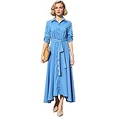 Womens Long Sleeve Button Down Shirt Dress Casual Solid Color Maxi Dresses Long Dress with Belt