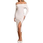 KUTUMAI Women Fall Off Shoulder Sweater Bodycon Midi Dress Long Sleeve Slit Cocktail Formal Wedding Guest Dresses