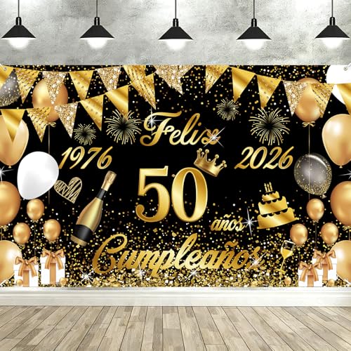 Happy 50th Birthday Banner 1976-2026, Seutgjie Happy Birthday Decoration for Women Men for 50th Birthday Party Black Gold 180 x 110 cm