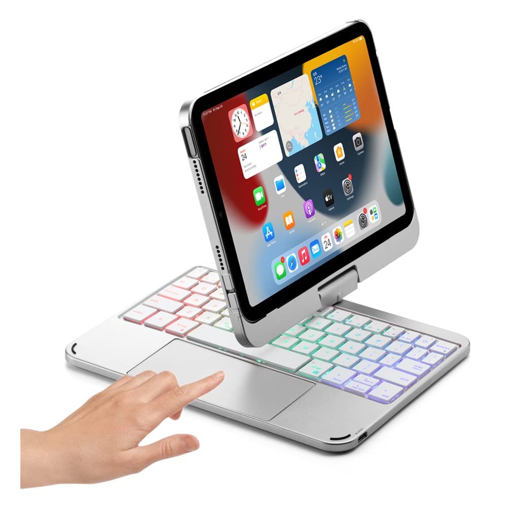 HENGHUI 360° Rotatable Touch Keyboard for iPad Mini 7 A17 Pro 2024 / iPad Mini 6th Generation Backlight Keyboard Built‑in Trackpad, Bluetooth Foldable Keyboard Cover (Silver)