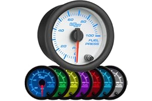 GlowShift White 7 Color 100 PSI Fuel Pressure Gauge Kit - Includes Electronic Sensor - White Dial - Clear Lens - for Car & Tr