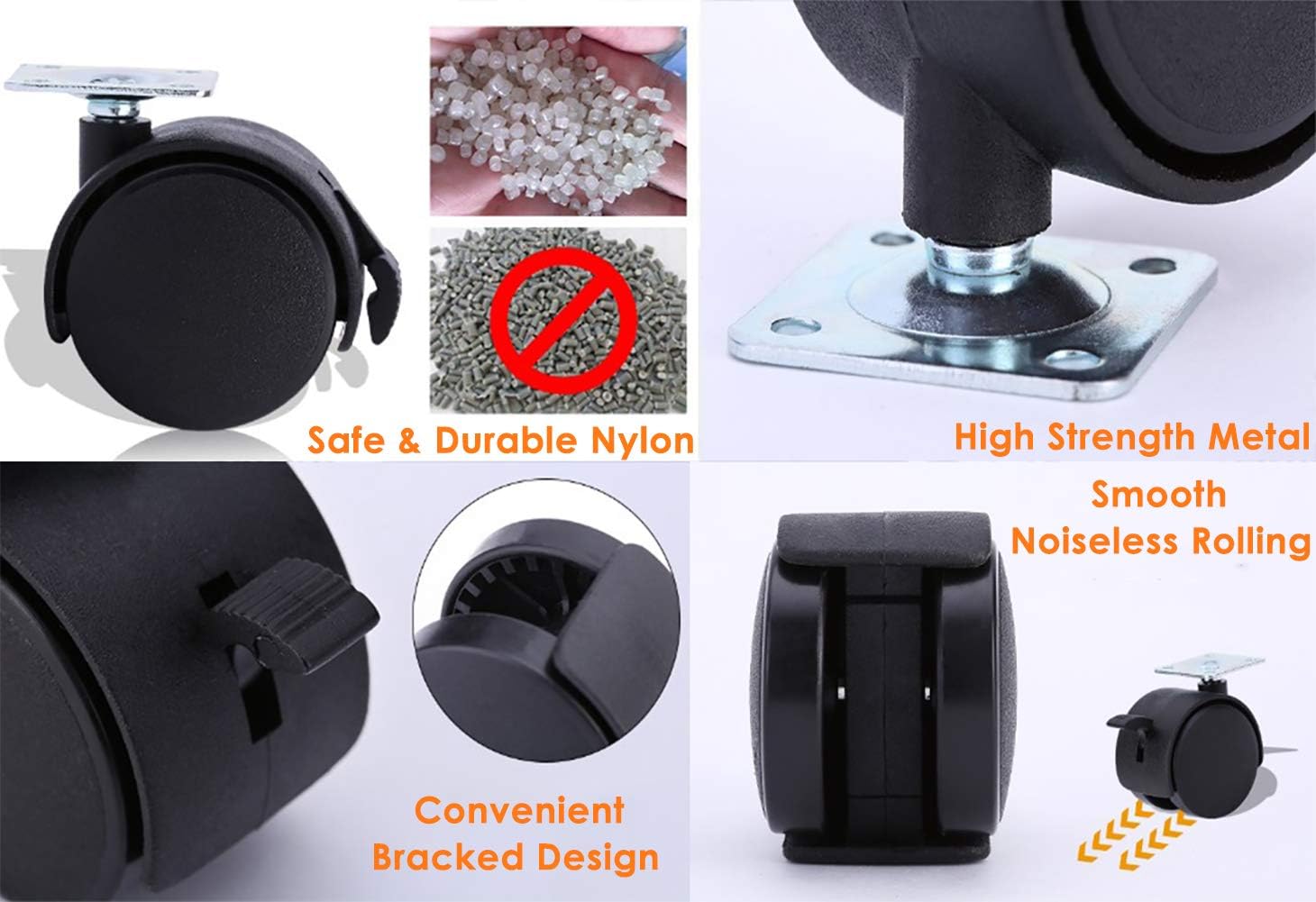 Twin Wheel Furniture Castors, Tiberham 40mm 360° Swivel Nylon Wheel Casters with Brake - Image 3