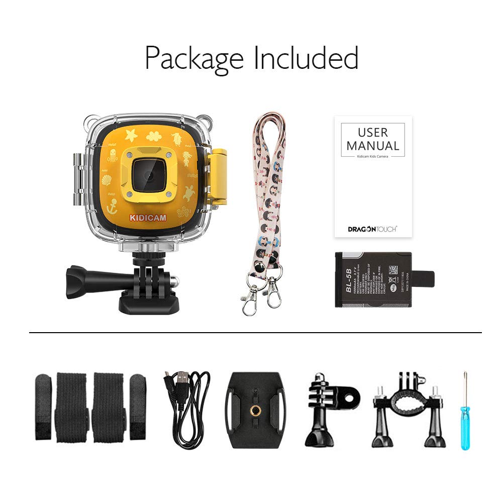 Dragon Touch Kidicam 1080P Kids Action Camera 30m Waterproof Camera (Yellow)