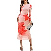 Dressystar Women’s Long Sleeve Maxi Wedding Guest Dress 2026 Spring Ruched Floral Mesh Bodycon Formal Cocktail Party Dresses