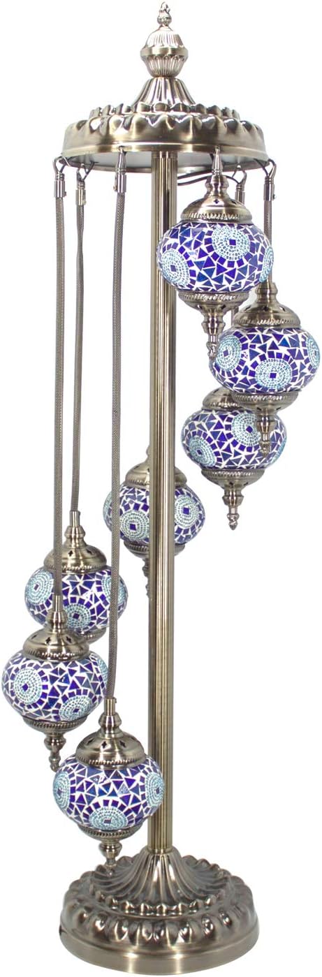 Kindgoo Turkish Mosaic Floor Lamp Handcrafted Multicolored Glass Standing Lamp 7 Lights Led Bulbs Included (Blue)