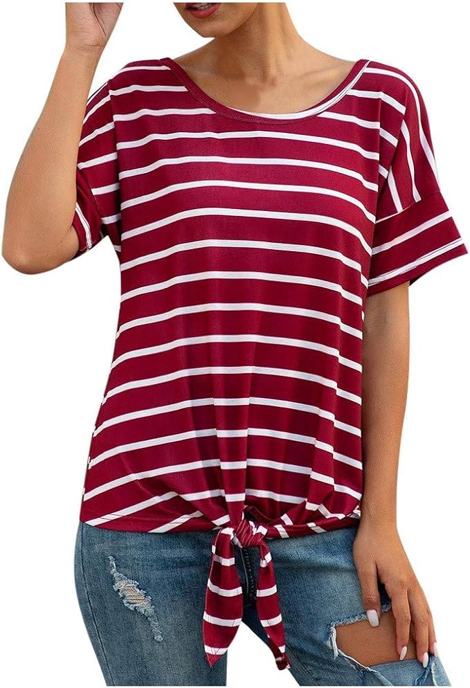 Mikilon Women Striped Short Sleeve T Shirt Front Tie Back Criss Cross T Shirt Loose Casual Shirt 