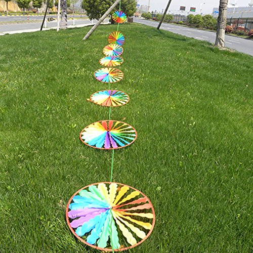 Ladaidra 8Pcs Rainbow Wind Spinner Wheel with Strap, Colorful Whirligig Windmill Decor for Farm Yard Lawn