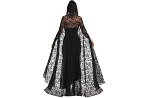 Unicra Black Lace Hooded Cape Halloween Costume Long Cloak Full Length Cosplay Witch Vampire Cape for Women
