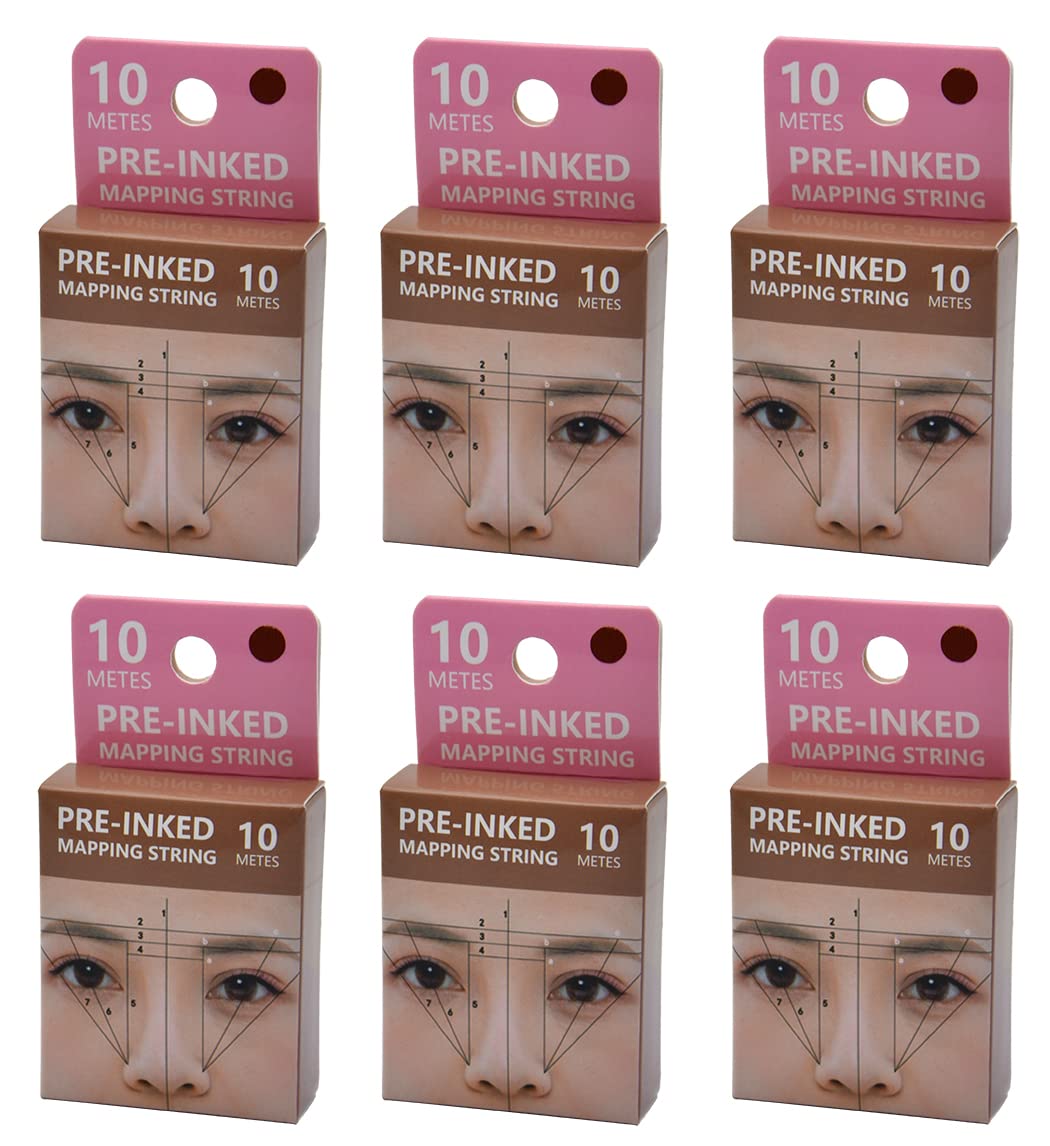 XIAOYU 10M Pre-Inked Mapping String, Eyebrow Tattoo Mapping Thread for Symmetrical Eyebrow Marking Tattoo Markers, Pack of 6, Brown Ink