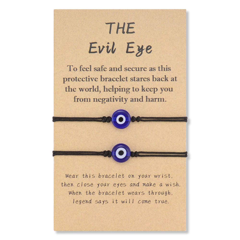 SUNSH 2Pcs Evil Eye Bracelet for Women Teen Girls Boy Couple Kabbalah Adjustable Rope Waterproof Lucky Jewelry with Wish Card Protection Black String Lover Family Mother Daughter Friendship Gifts