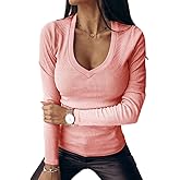 Fessceruna Womens Long Sleeve Shirts Tops Fall Deep V Neck Ribbed Casual Slim Fit Basic Sexy T-Shirt 2025