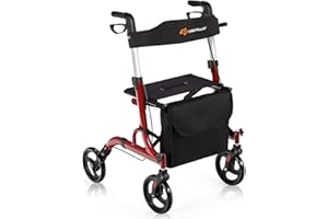 Goplus 2 in 1 Rollator Walkers for Seniors with Seat, 8" Wheels Medical Rolling Walker with Adjustable Handle, Aluminum Foldi