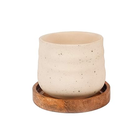 Lasaki PL99 White with Plate Tray Wooden wp5 Ceramic Pots for Indoor Plants,Planters,Flower pots,gamla for Indoor,Outdoor,Succulent Pot