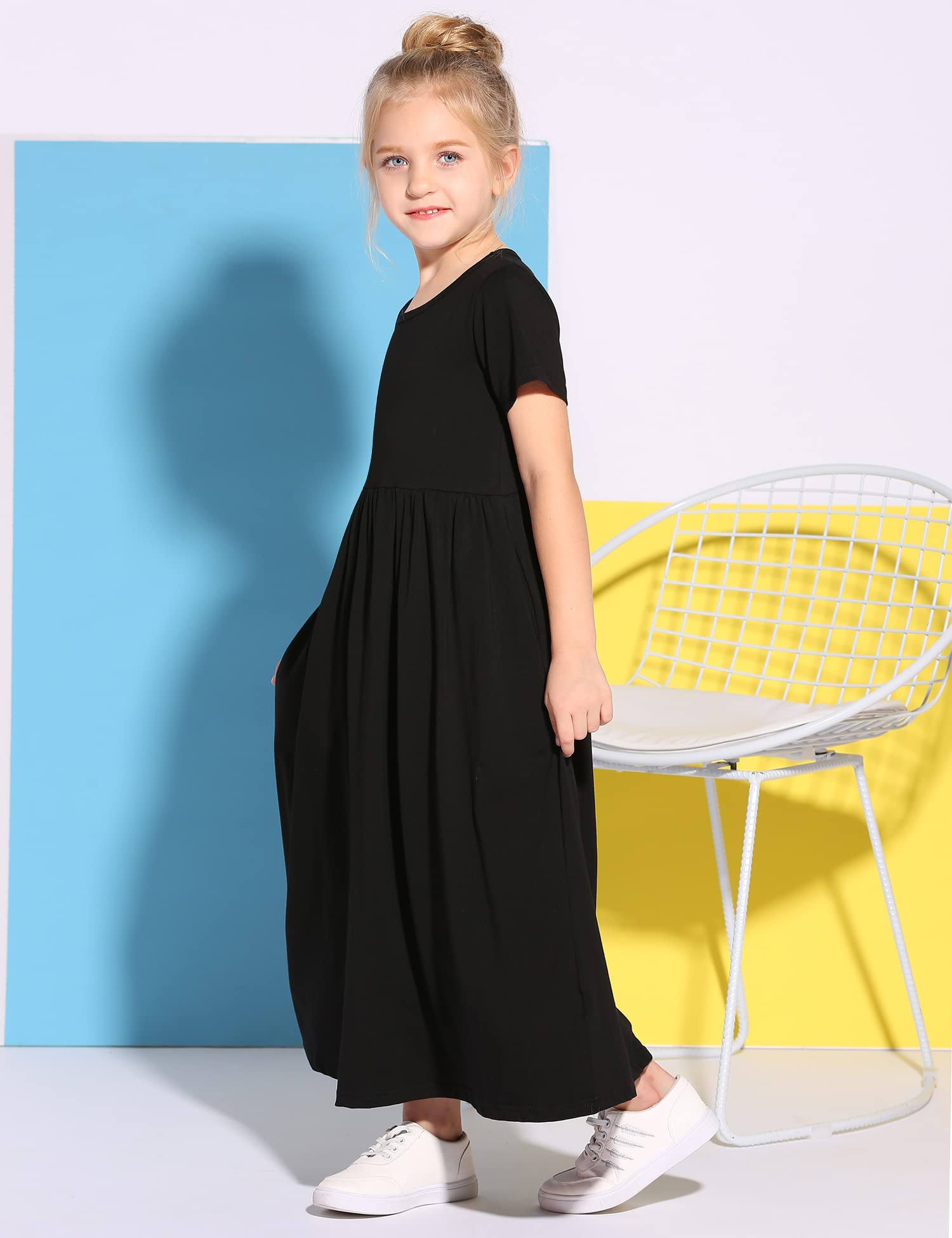Arshiner Girls Maxi Dress Long/Short Sleeve Casual Holiday Dress with Pockets for 5-13 Years