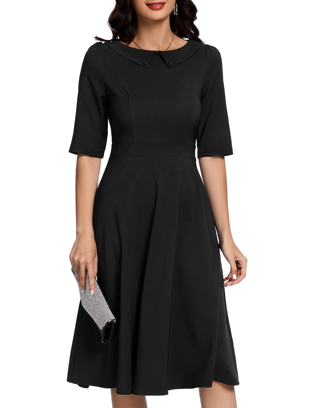 Photo 1 of Bbonlinedress Cocktail Dresses for Women, 1950s Vintage Black Dress Formal Wedding Guest Church Tea Party Funeral Long Sleeve Midi Dresses Black L