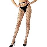 Tweruna Black Rhinestone Fishnets, Sparkly Fishnets Tights for Women, Elastic Black Rhinestone Fishnet Tights, Large Mesh Thigh Fishnet for Women