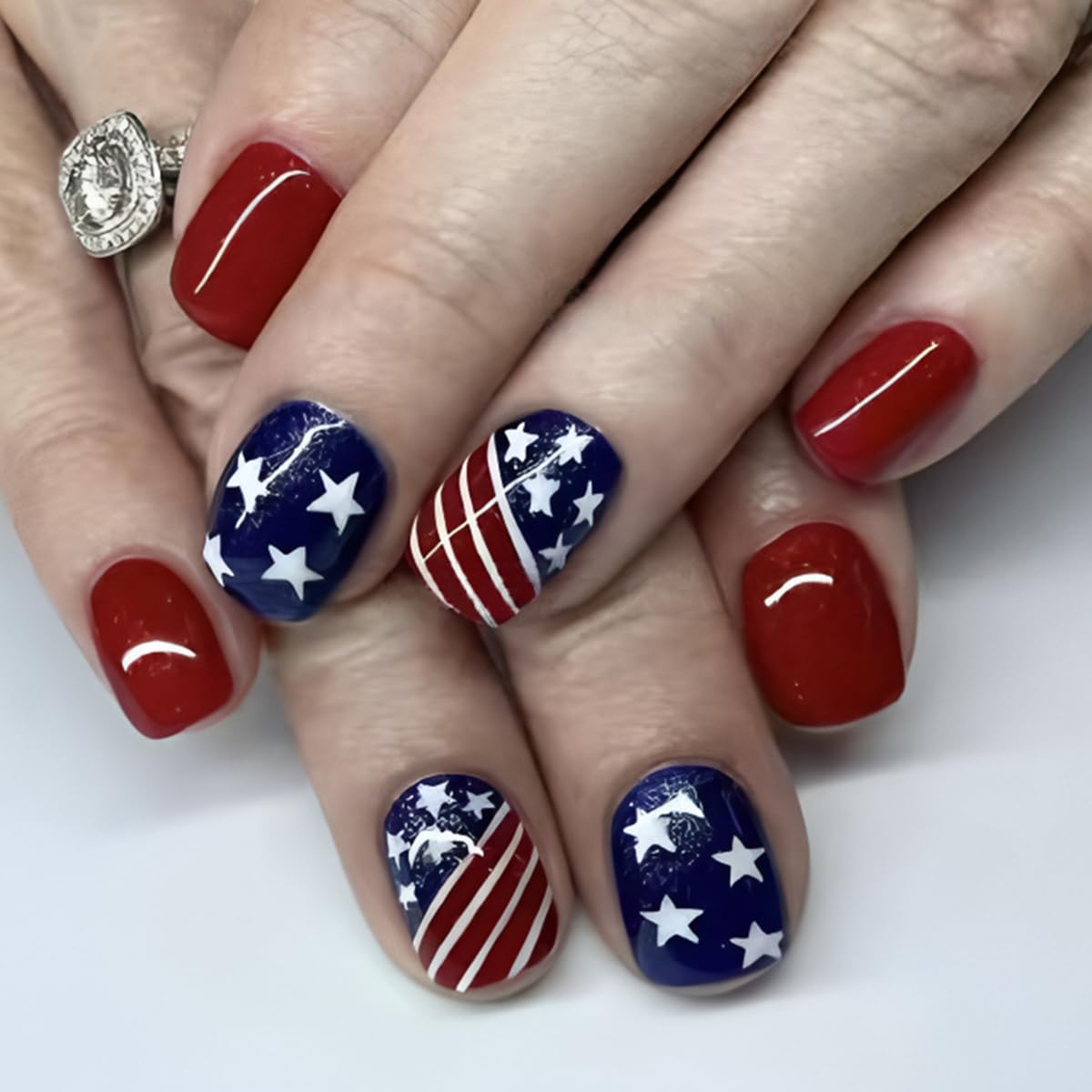 Photo 1 of 24 Pcs 4th of July Press on Nails Short Square LINMEIZAI Fake Nails Press ons Independence Day Nail Tips Glue on Nails Full Cover Acrylic Nail Art Kit False Nails with Red & Glitter Design for Wome