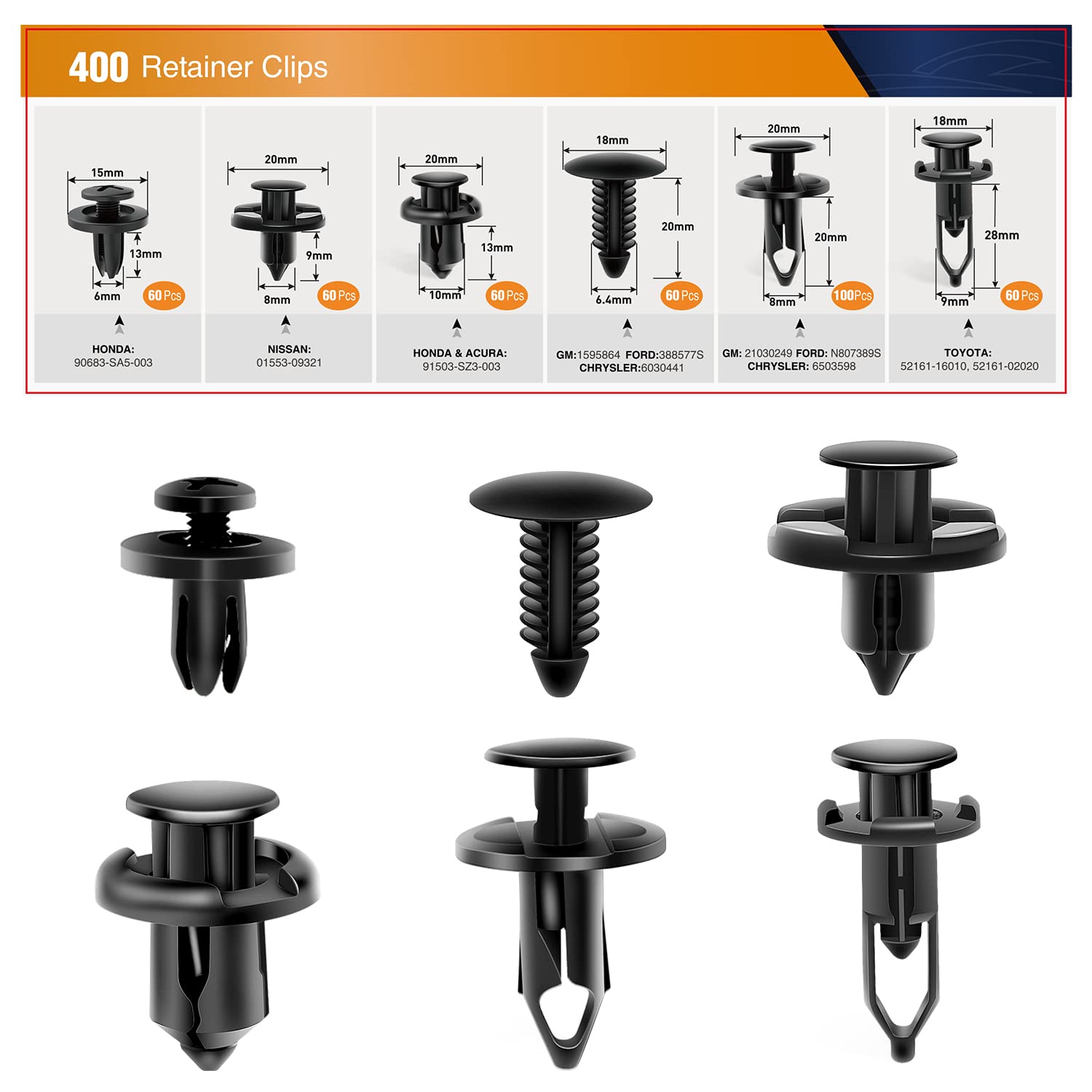 GOOACC 400PCS Universal Plastic Fender Clips, Push Bumper Fastener Rivet Clips Compatible for GM Ford Chrysler Toyota Honda, with 6 Most Popular Sizes