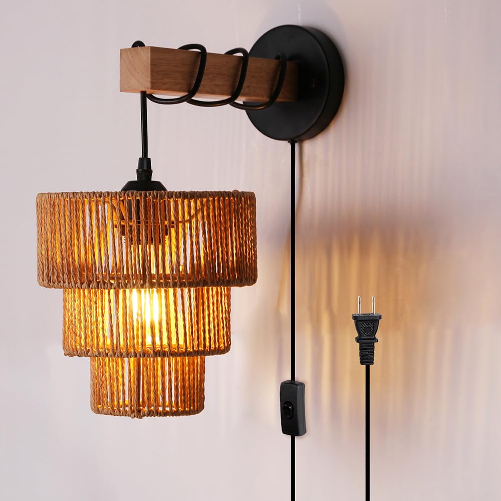Photo 1 of Sedelan Plug in Wall Sconce, Rattan Wall Lamp with Plug in Cord, Wall Sconces Indoor for Bedroom Bedside Dining Room Living Room Home Deco