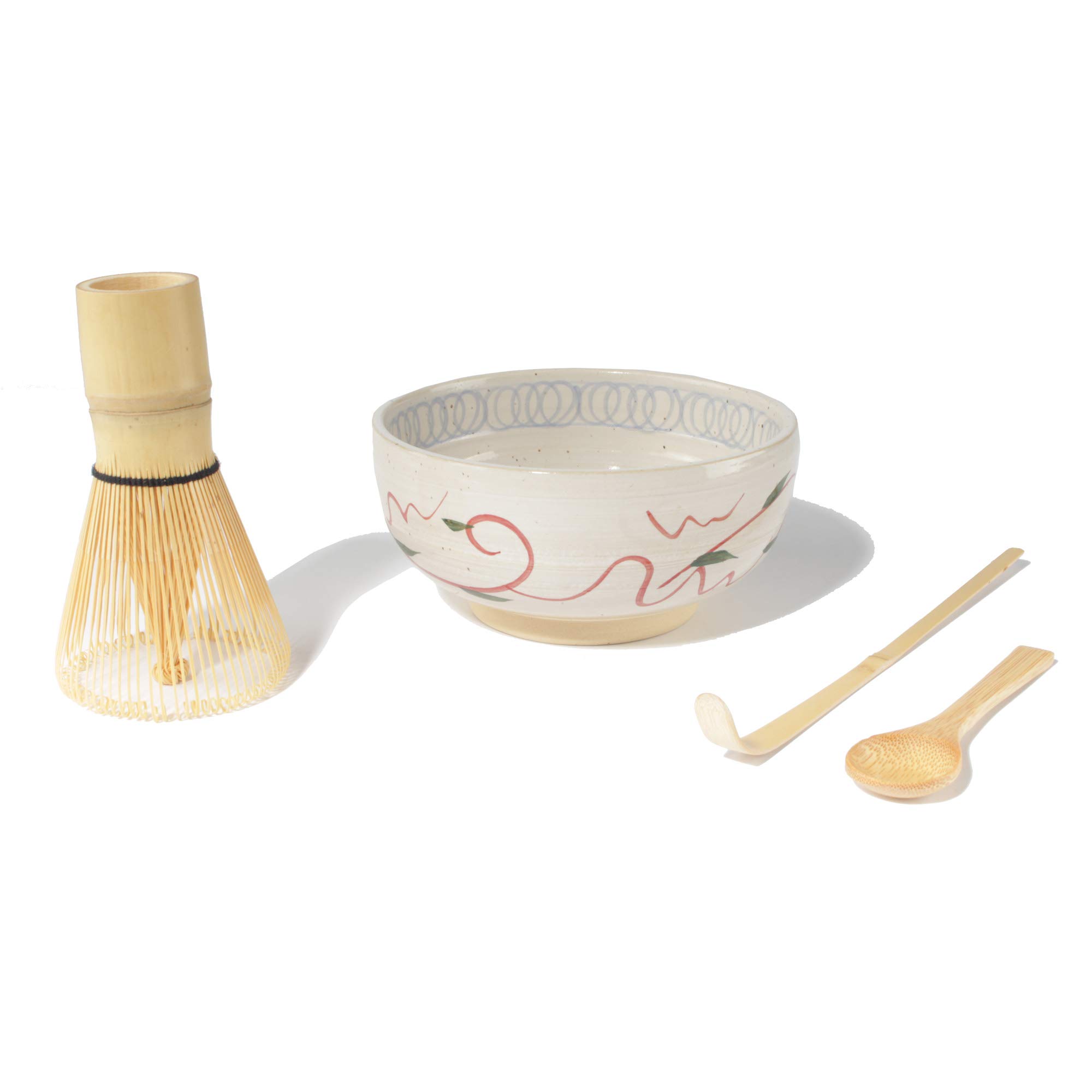 BambooMN Matcha Whisk Starter Kit - Chawan Matcha Bowl, Tea Whisk, Chashaku and Small Spoon for Traditional Japanese Tea Ceremony