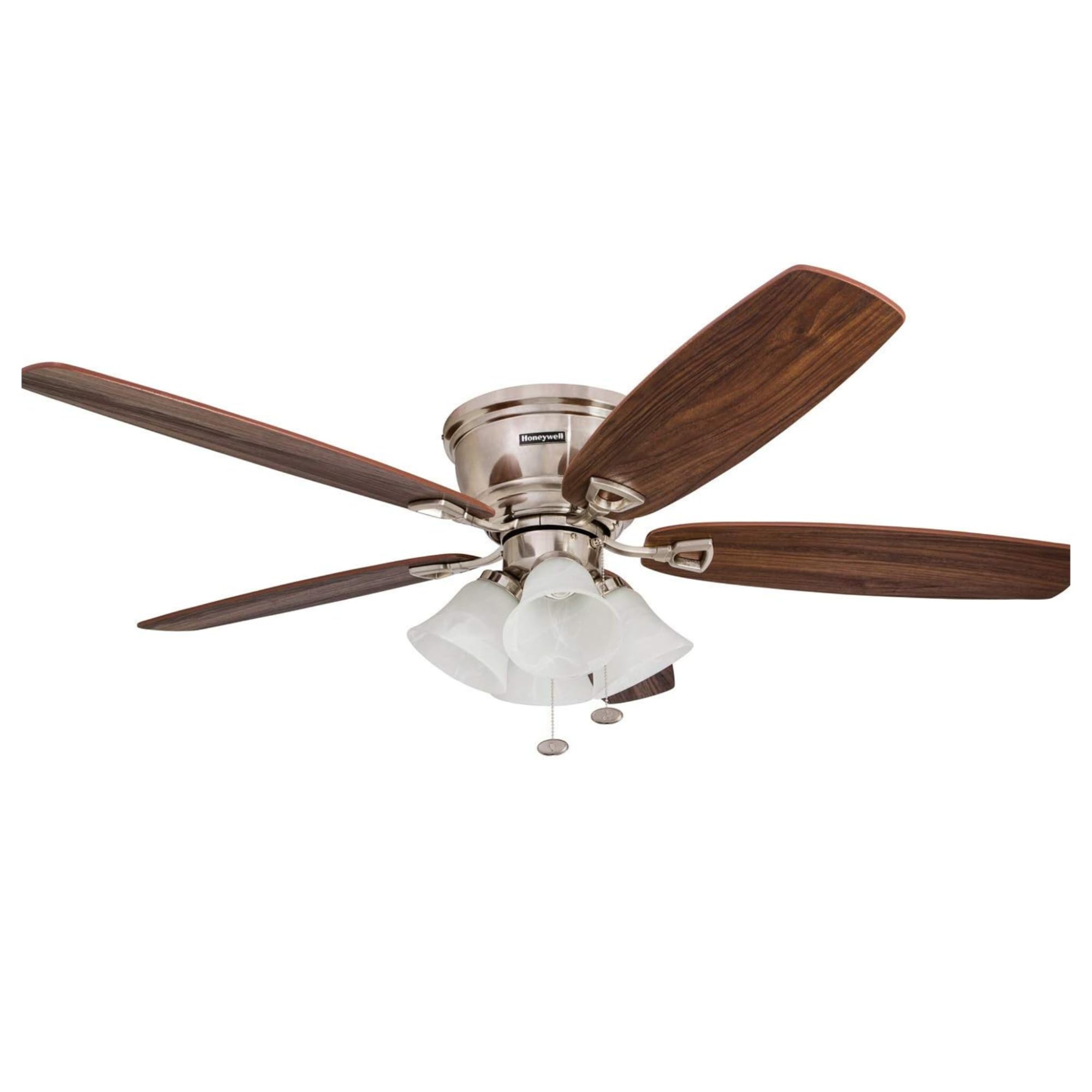 Honeywell Ceiling Fans Glen Alden, 52 Inch Classic Flush Mount Indoor LED Ceiling Fan with Light, Pull Chain, Quick-2-Hang Dual Finish Blades, Reversible Motor - 50182 (Brushed Nickel)