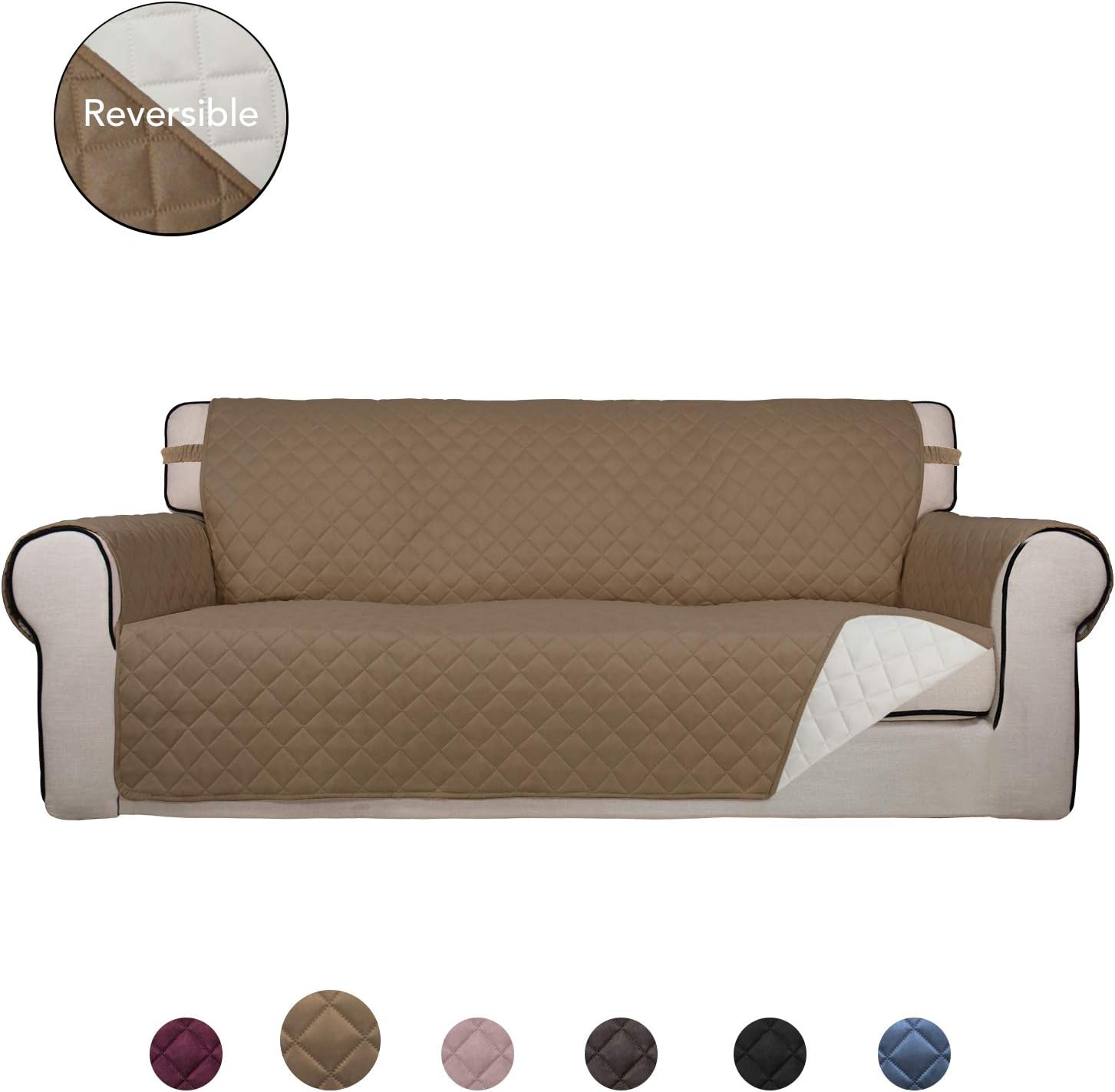 PureFit Reversible Quilted Sofa Cover, Water Resistant Slipcover Furniture Protector, Washable Couch Cover with Non Slip Foam and Elastic Straps for Kids, Dogs, Pets (Oversized Sofa, Chocolate/Beige): Kitchen & Dining