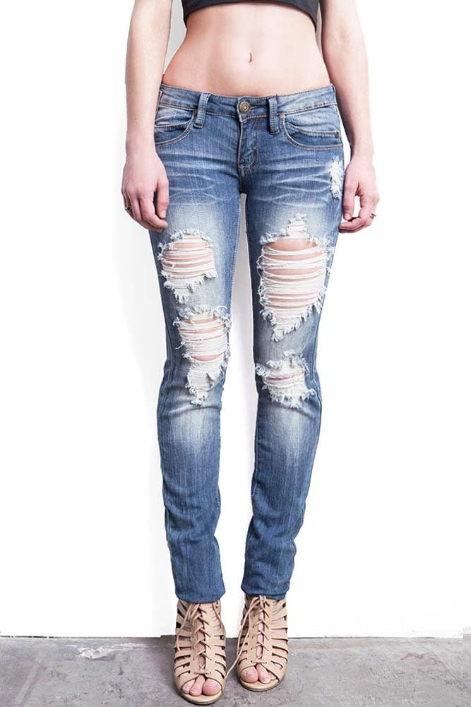 Machine Women's Juniors Low Rise Distressed Machine Skinny Jeans (5, Denim)
