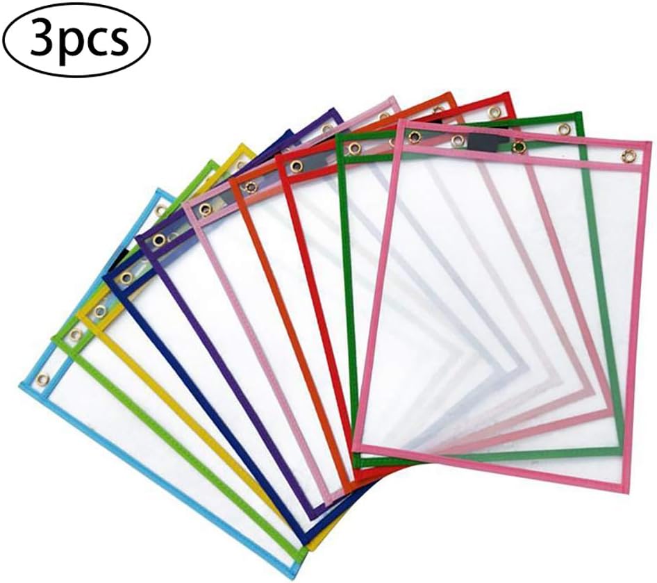 Deanyi PVC Transparent Dry Erase File Bag Reusable Erasable Pockets Sleeves Pack of 3 Office Supplies