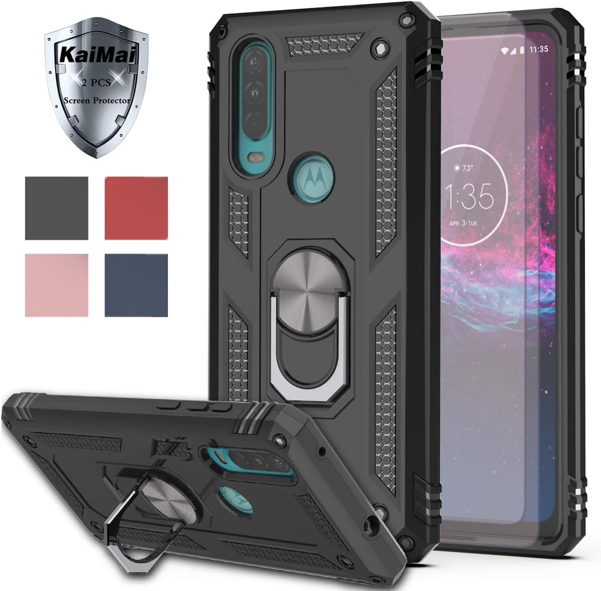 Moto One Action Case,Moto P40 Power Case with HD Screen Protector (2Pack) KaiMai 360 Degree Rotating Ring & Bracket Dual Layers of Shockproof TPU and Solid PC Phone Case for Moto P40 Power-Black