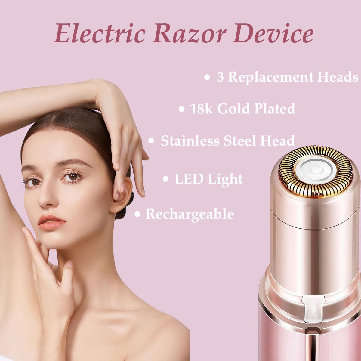 Women Facial Hair Removal Device, Electric Face Shaver, Portable Face Razor, Rechargeable Painless Hair Remover with 3 Replacement Heads for Face, Upper Lip Chin (Rose Gold)