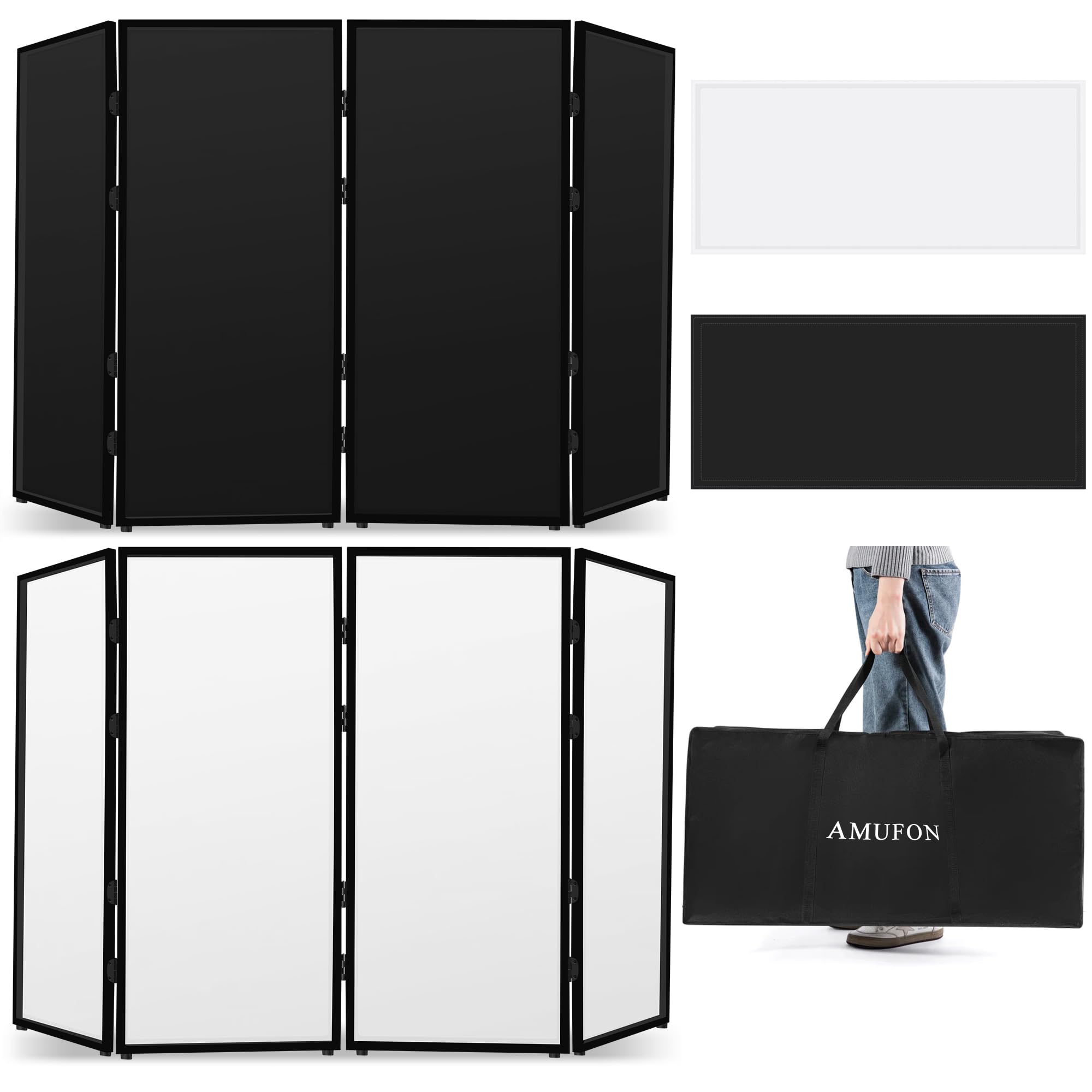 Photo 1 of AMUFON DJ Facade Booth, DJ Stand Portable Event Cover Screen with Foldable 4 Detachable Metal Frame Light Projector Display Scrim Panel Stand with Carry Bag for Party,Show,Gathering(White and Black)